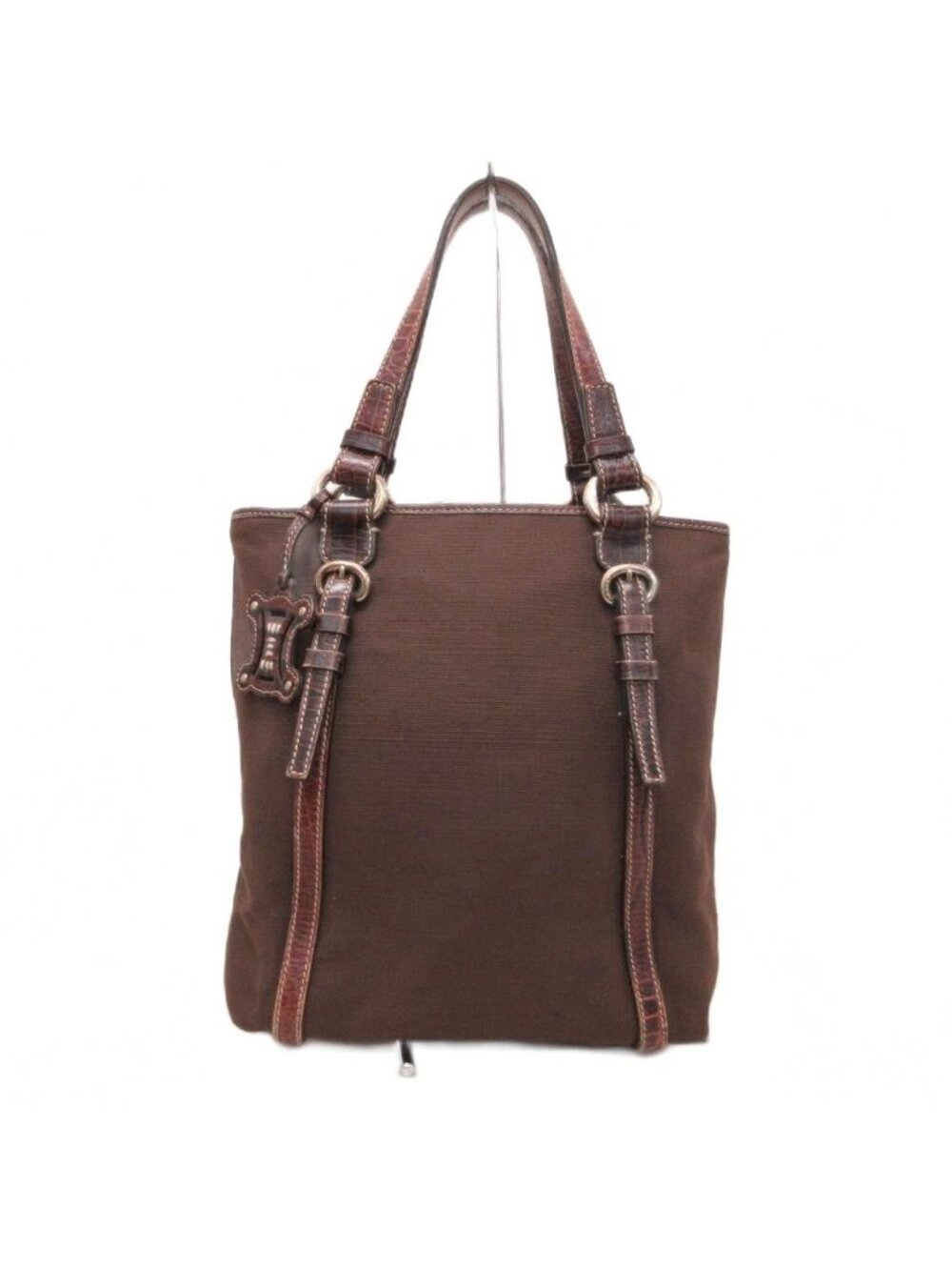Celine Vintage Tote Bag Canvas Leather Macadam Logo Charm Croco Embossed Brown